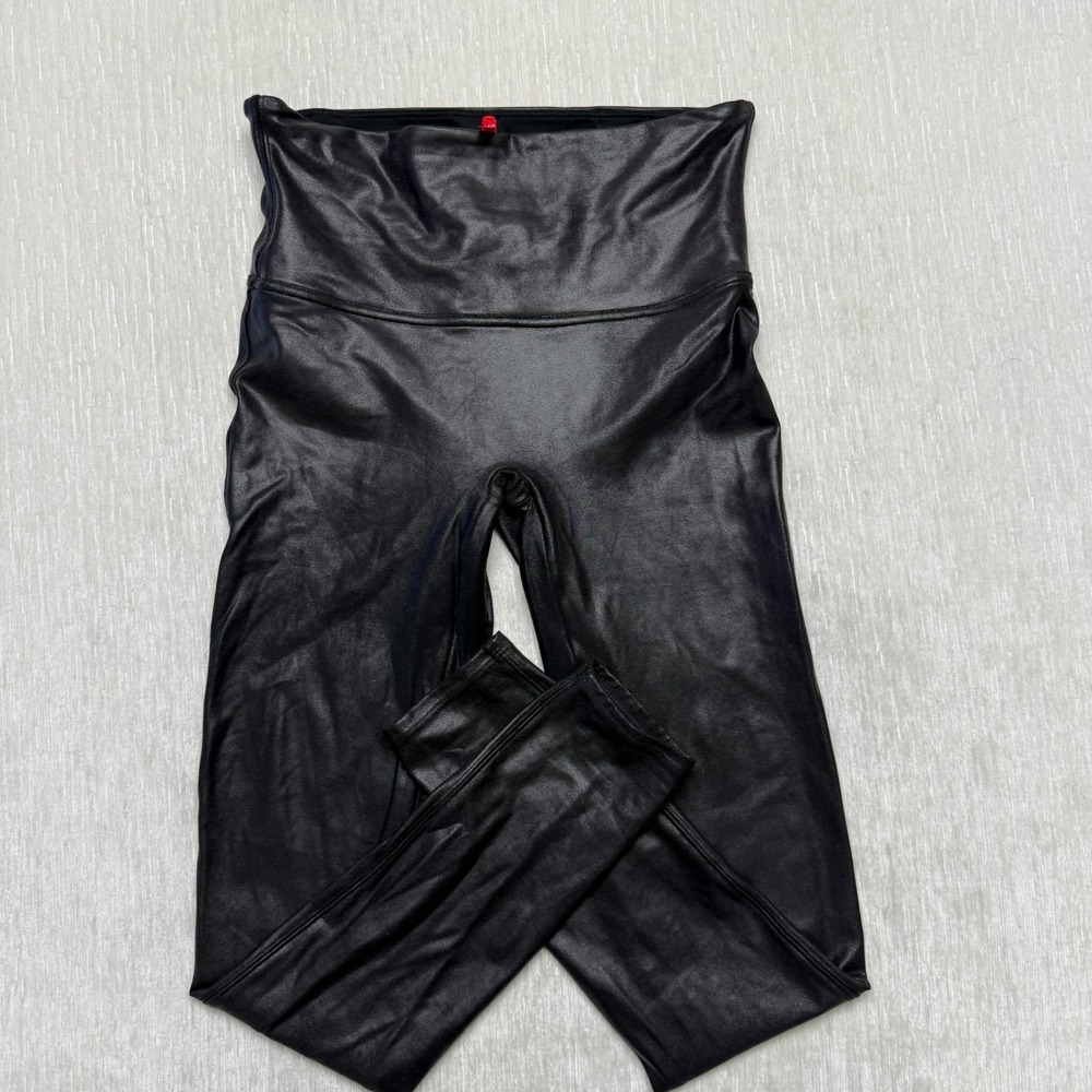 Spanx Faux Leather Leggings Womens Large Black Stretch Tummy Control 20110R
